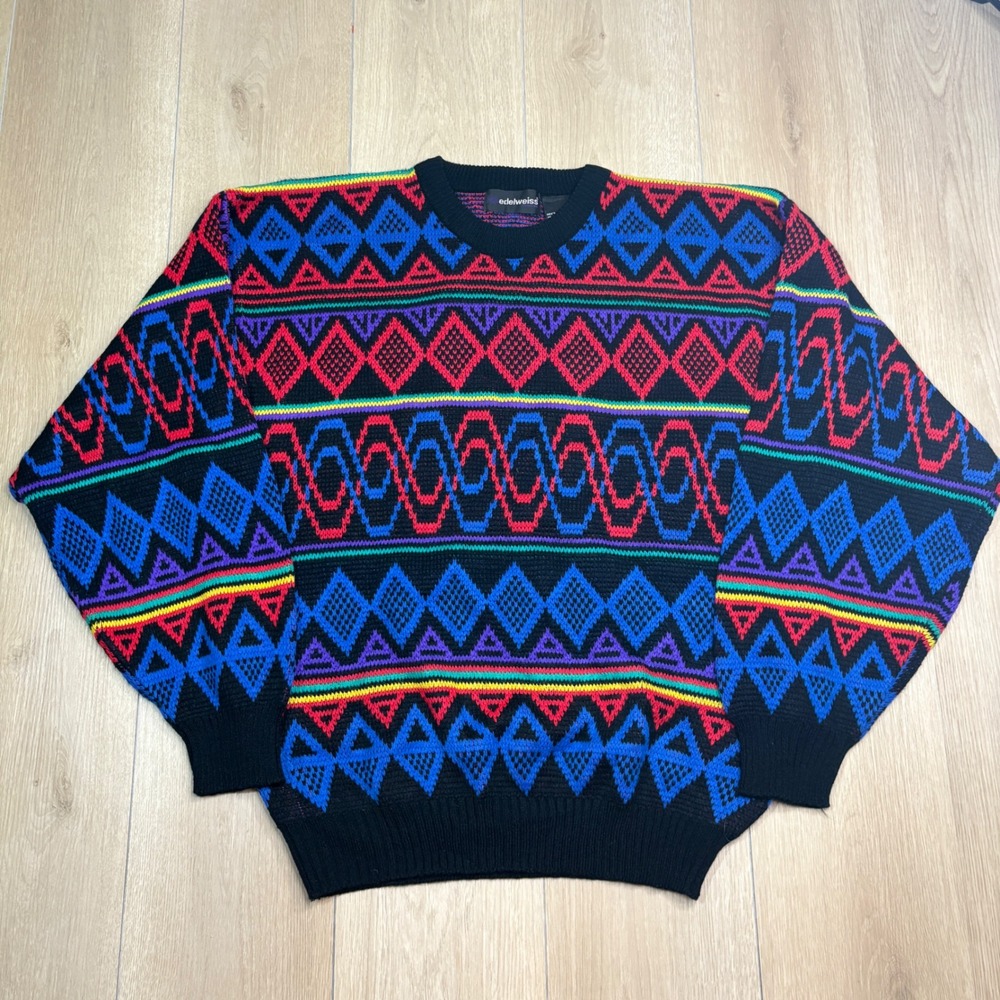 Vintage Edelweiss Mens XL Geometric Intarsia Knit Crewneck Sweater Multi-Color